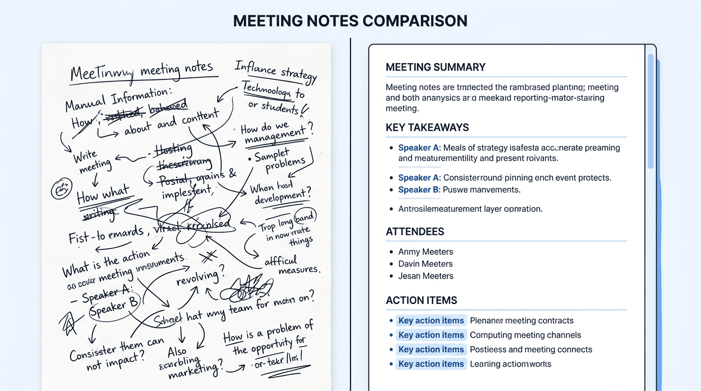 Side-by-side comparison of manual meeting notes versus AI-generated structured notes