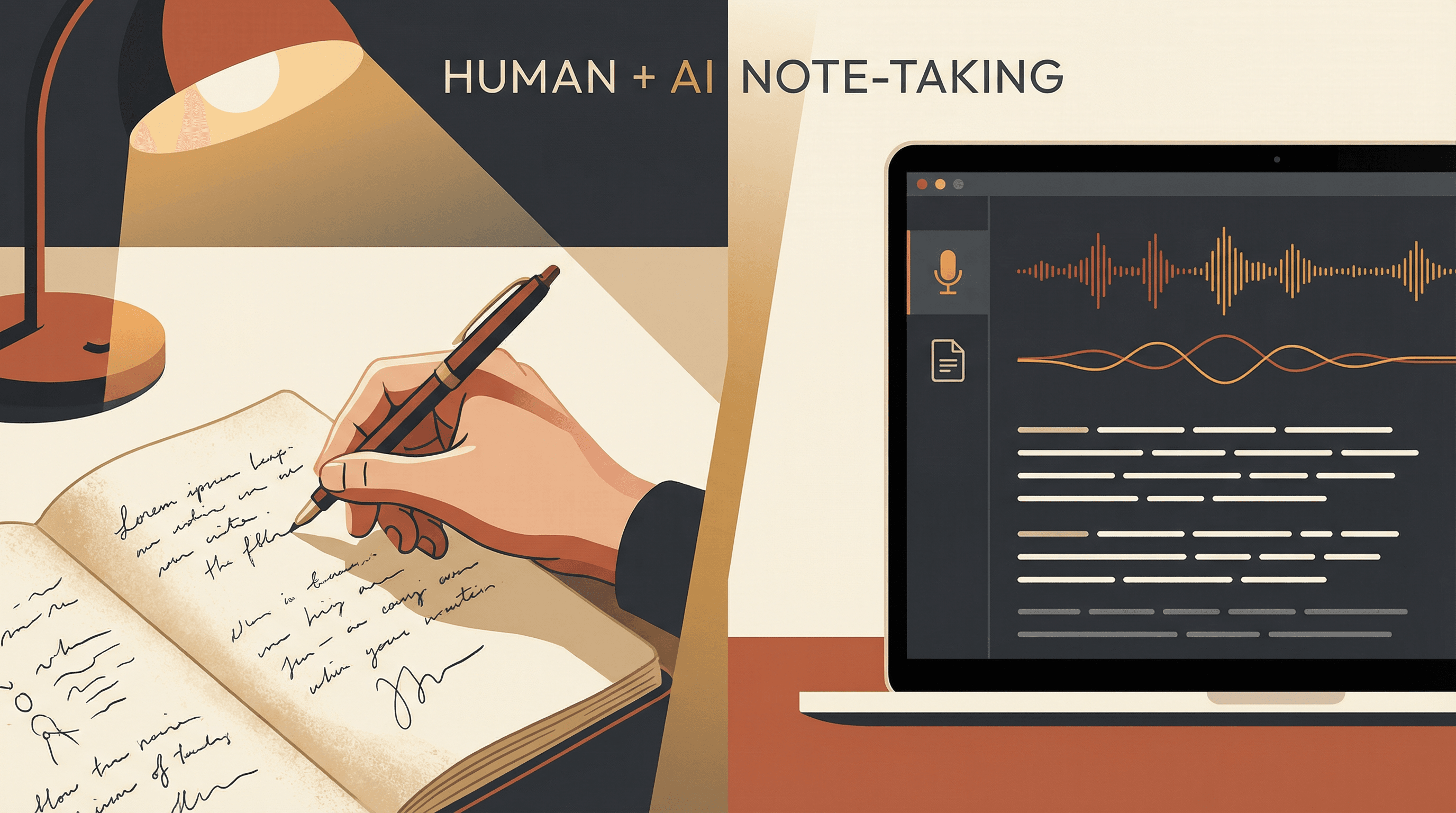 Split-screen illustration showing human hand writing notes in a notebook on the left and an AI transcription interface on a laptop screen on the right, representing human-AI collaboration in note-taking