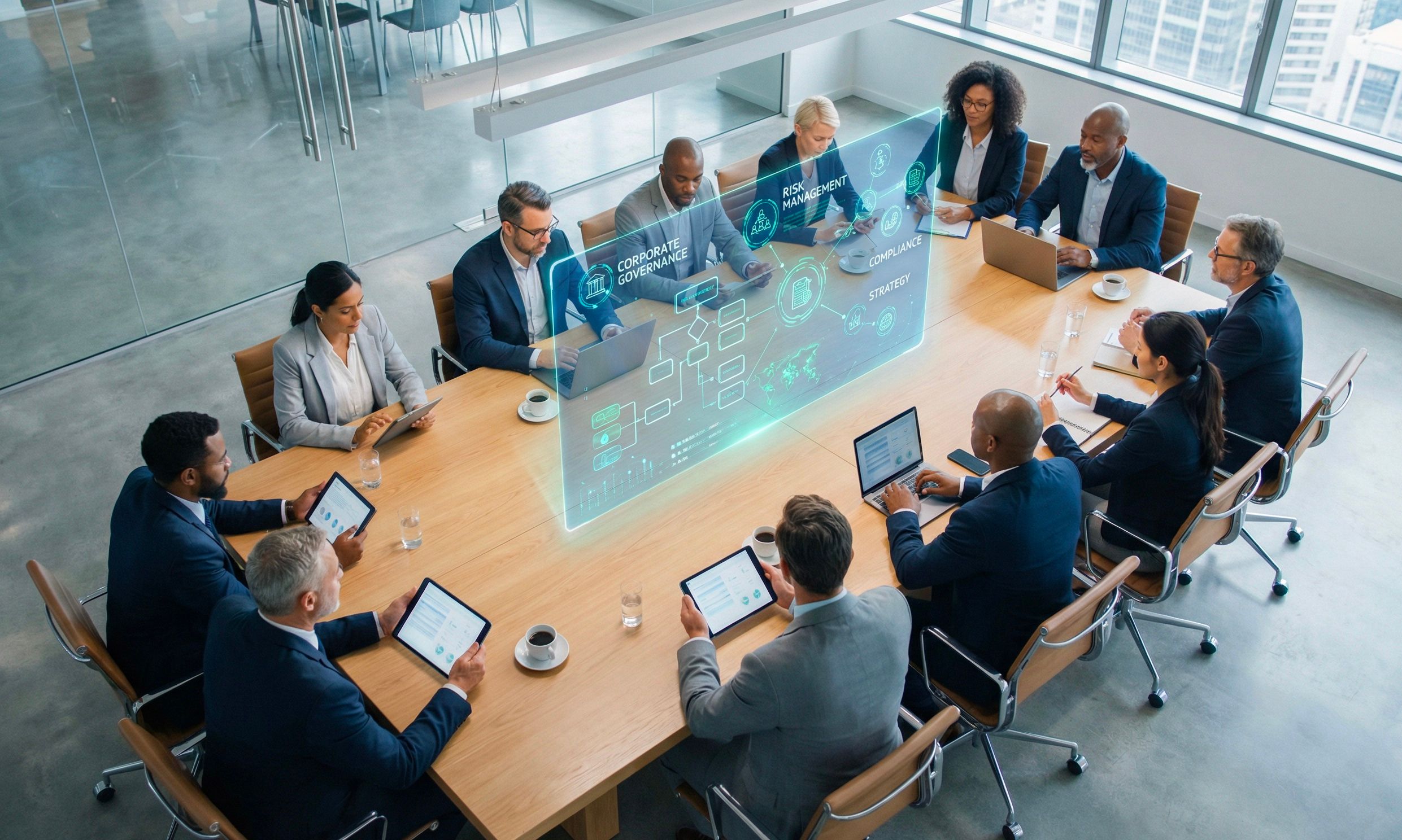 Diverse team of professionals collaborating around a conference table with digital visualization