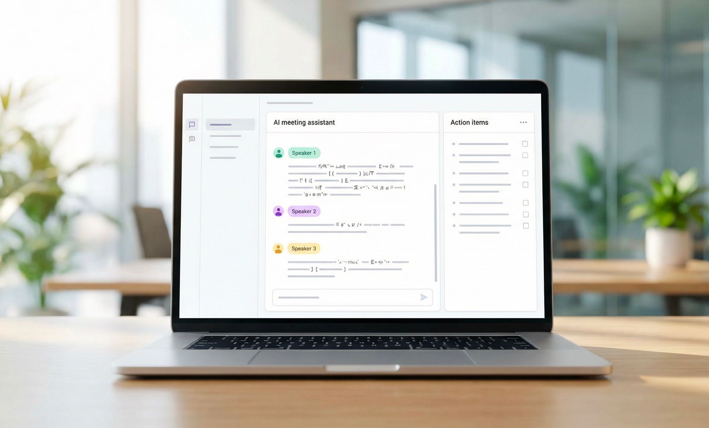 AI meeting assistant interface displaying real-time transcription and action item extraction on a laptop screen