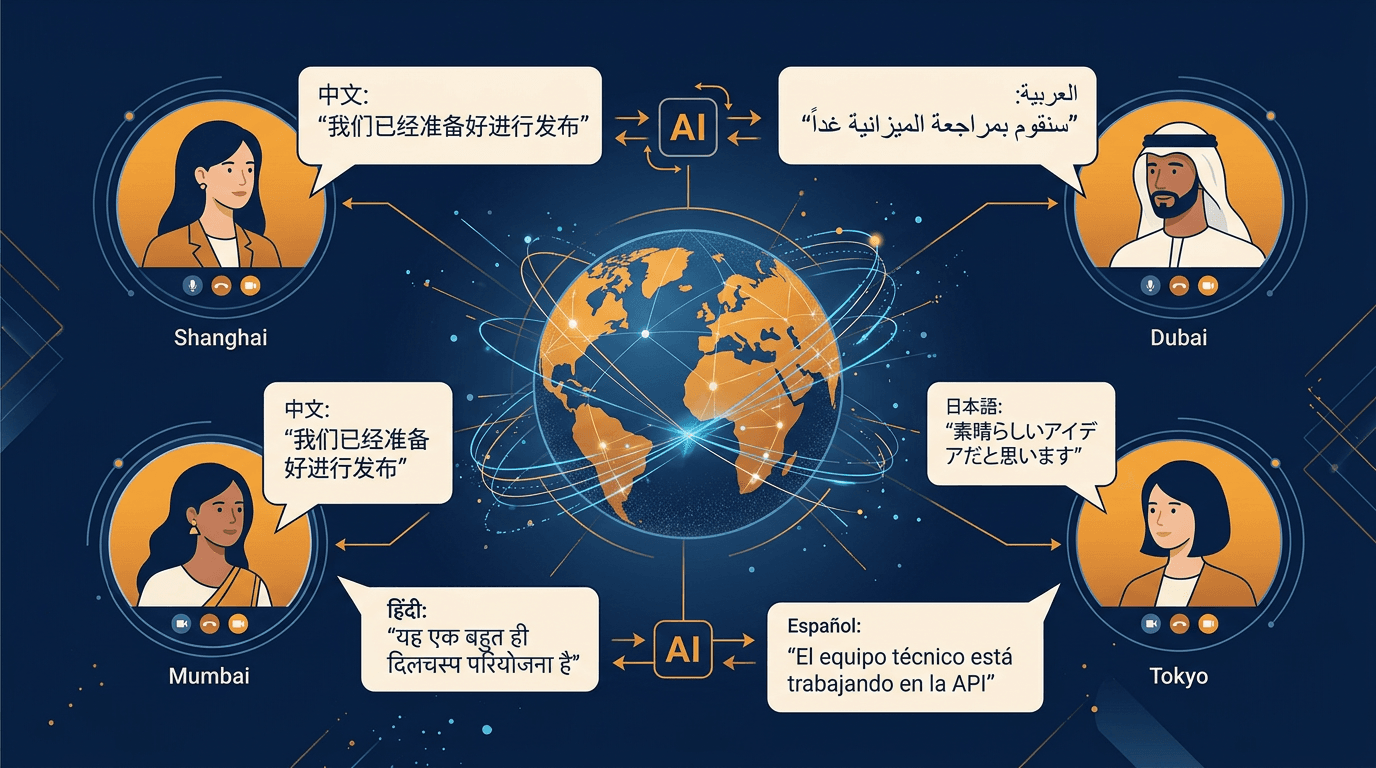 Global team connected through AI-powered real-time translation during a video meeting