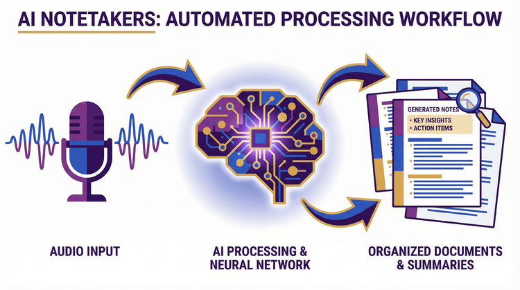 Infographic showing how AI notetakers work: audio capture, AI processing, organized meeting notes output