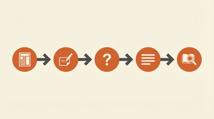 Five-step Cornell note-taking workflow shown as connected circular nodes: Setup, Take Notes, Write Cues, Summarize, and Review
