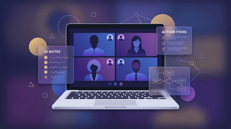 AI meeting assistant concept showing a laptop with video conference and AI-generated notes floating around it