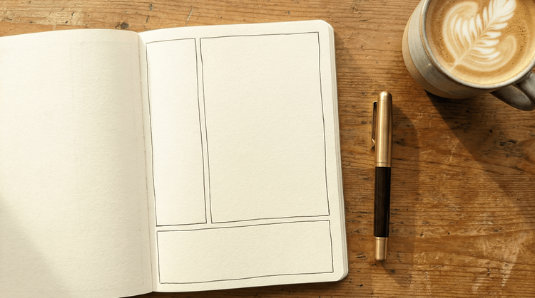 Top-down view of an open notebook on a wooden desk, showing the Cornell note-taking layout with three distinct sections: a narrow cue column on the left, a large note-taking area on the right, and a summary section at the bottom
